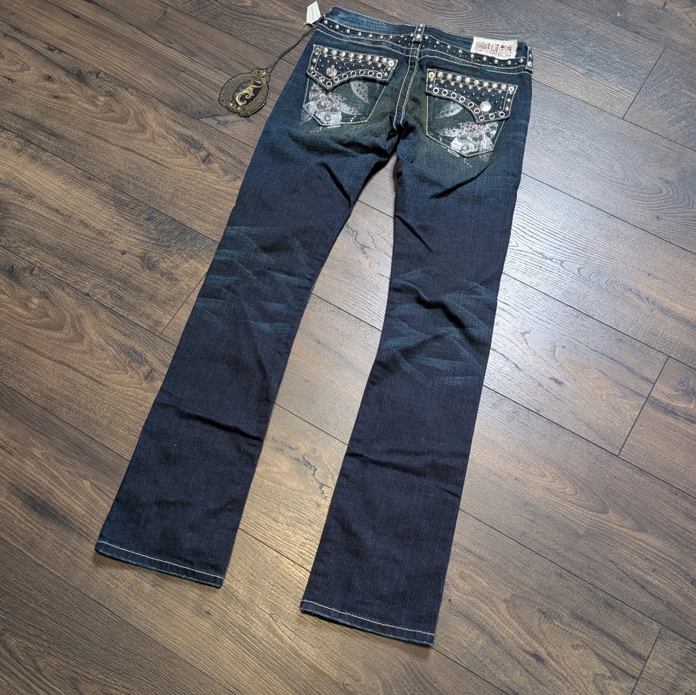 Key‎ Closet Y2K Dark Blue Jeans Contrast Stitching Bejeweled Western Lowrise 26